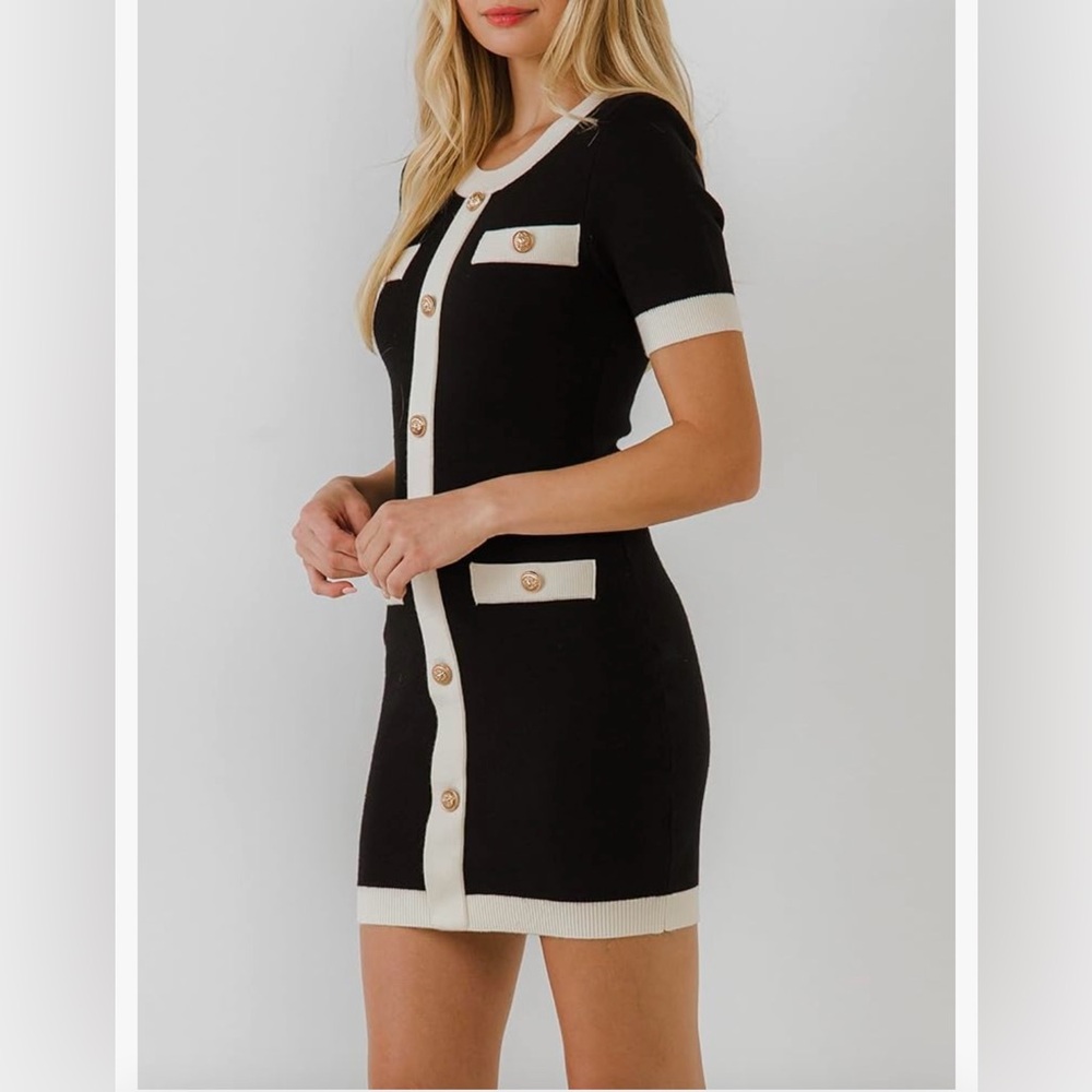 NWT! Endless Rose Contrast Rib Sheath Dress Gold Button Size Medium - Picture 11 of 15